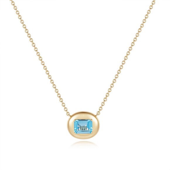 Emerald-Cut 14K (or 18k upon request) Yellow Gold Blue Topaz Solitaire Necklace - Picture 1 of 5
